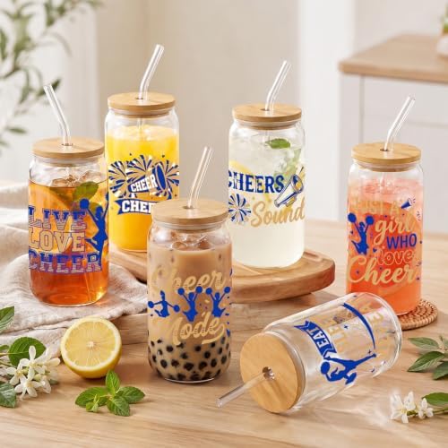 Glass Cups with Lids and Straws, 6Pack, 16oz, Cheerleader - Image 5