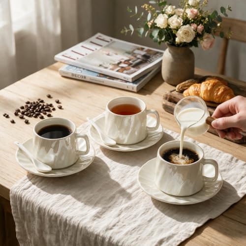Coffee Cups with Saucers Set of 6, 6.8 oz (200 ml) Ribbed Pearl Ceramic Coffee Mugs, 6 Cups with Saucers and Spoons, Elegant White Coffee Cup Set for Espresso, Cappuccino, Latte, Home and Office - Image 4