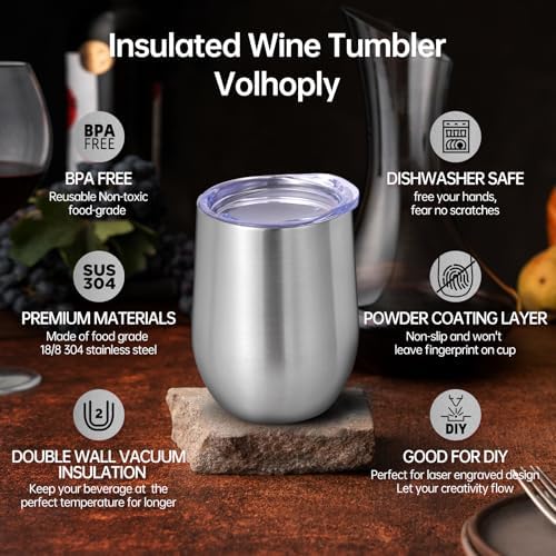 Volhoply 12oz Stainless Steel Wine Tumbler with Lid Bulk 12 Pack,Double Wall Vacuum Stemless Wine Glasses,Reusable Metal Travel Coffe Mug with Straw,Insulated Cups Gifts for Christmas（Silver,12 Set） - Image 3