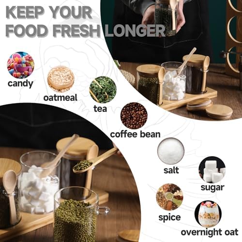 Glass Spice Storage Container with Spoon, 3PCS 20oz Airtight Sealed Condiment Jar with Tray, Kitchen Pantry Seasoning Canister Set for Salt Coffee Sugar Tea & Bathroom Cotton Swab Ball - Image 6