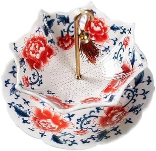 Chinese Blue and White Porcelain Tea Infuser - Umbrella Shape Ceramic Loose Leaf Tea Strainer with Rotating Filter, Traditional Kung Fu Accessories, Elegant Kung Fu Brewing Tool for Teapot or Cup(Red) by Unknown