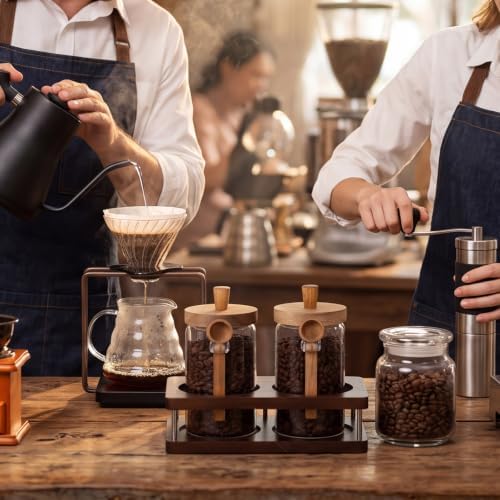 Suclain Glass Coffee Grounds Container with Shelf 2 x 29 oz Glass Coffee Bean Storage Canisters with Airtight Thread Lid and Measuring Spoon for Kitchen Sugar(Novel Style, Wood) - Image 4