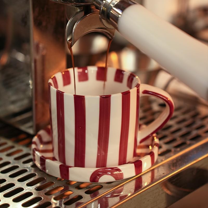 Festive Red and White Striped Ceramic Coffee Mug and Saucer Set, 200ml Latte & Tea Cup Gift for Holidays (Black) - Image 6