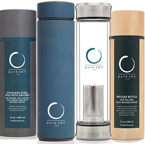 Pure Zen Tea Glass Double Lid Tea Bottle - Stainless Steel Tea Thermos by PureZenTea
