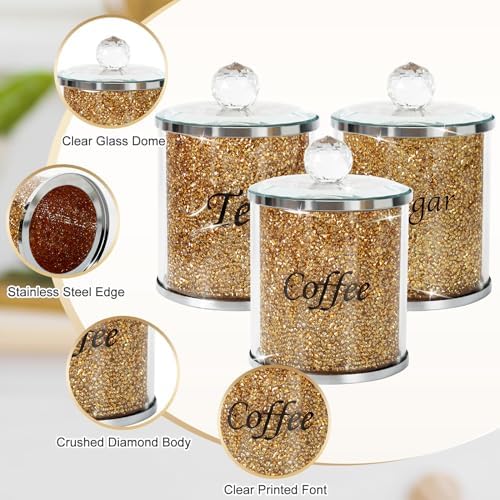 Topsky Coffee Sugar Tea Crystal Canister Set of 4,Sparkly Crystal Crushed Diamonds Home Decor,Silver Kitchen Coffee Jar Storage Set with Label & Lid,Storage Container Set for Countertop,Dining Room - Image 3