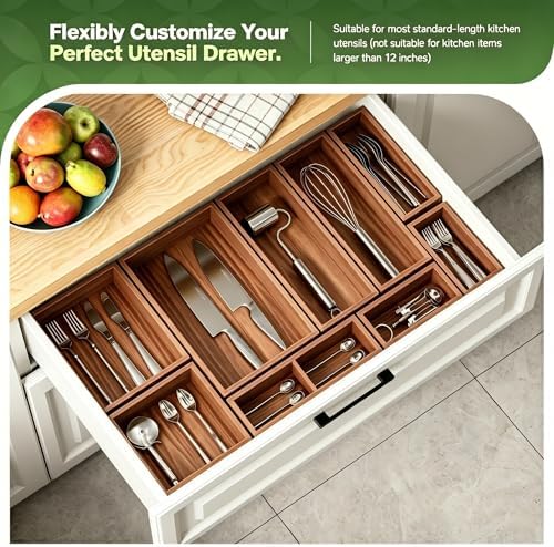 9-Pack Solid Wood Junk Drawer Organizer, Modular Desk Drawer Tray & Accessories with Non-Slip Pad, Multi-Use for Kitchen, Office, Bedroom Dresser, Utensil, Makeup, Stationery, Tea Bags & Coffee Pod - Image 2