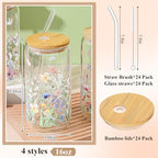 Mumufy 24 Pcs Pastel Wildflower Glass Cup, 16oz Tumbler Mug with Bamboo Lid - Image 2
