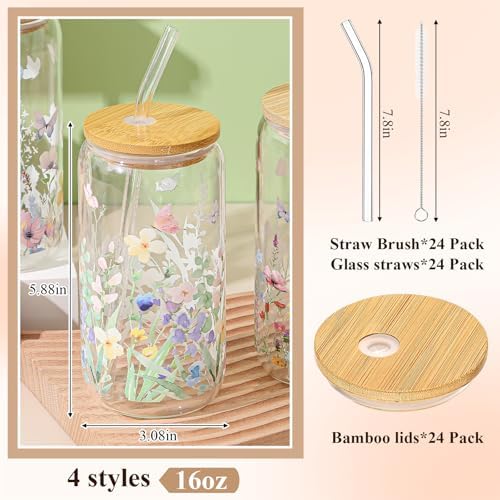 Mumufy 24 Pcs Pastel Wildflower Glass Cup, 16oz Tumbler Mug with Bamboo Lid - Image 2