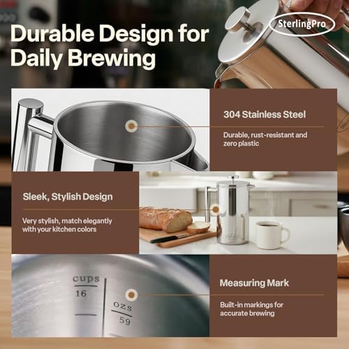 SterlingPro 1.75 L 59 oz Mirror Extra Large French Press Coffee Maker and 2 Pack Replacement Screens Bundle Stainless Steel Double Wall Insulated for Tea and Coffee - Image 6