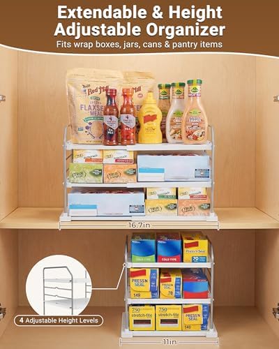 EVERIE Extendable 3-Tier Kitchen Cabinet & Pantry Organizer for Plastic Wrap, Foil & Storage Bags, Adjustable Heavy Duty Shelf Rack for Wrap Boxes, Jars & Snack Boxes (11–16.7 in Wide), Pack of 2 - Image 2