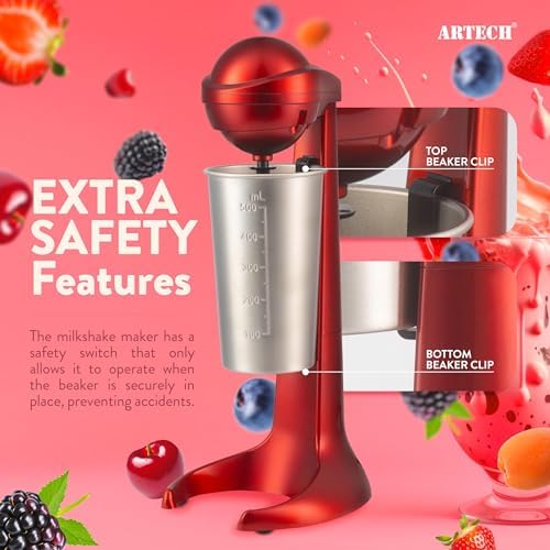 Retro Milkshake Maker - 100W Electric Milk Frother, 500ml Stainless Steel Cup, 2 Speed Settings for Smoothies, Protein Shakes, Cocktails & More (Red) - Image 4