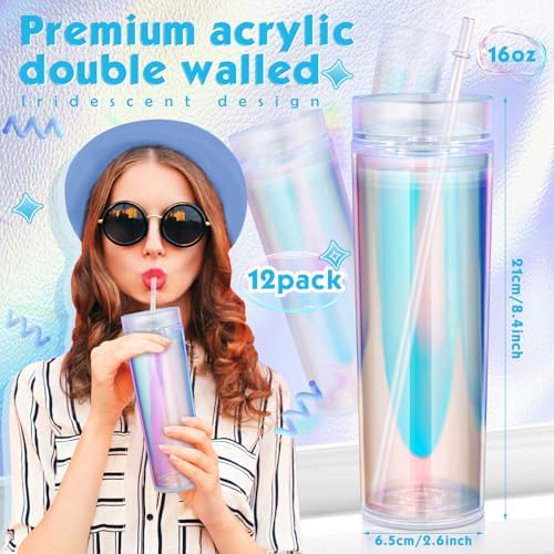 Tujoe 12 Pack Iridescent Skinny Tumbler with Lid Straw Insulated, 16 oz - Image 5
