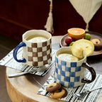 Retro Checkered Ceramic Coffee Mug 16Oz - Extra Large Handle, Microwave Safe Vintage Patterned Tea Cup for Home-2pack - Image 5