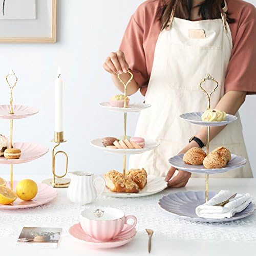 Sweejar Home Porcelain Tea Sets British Royal Series, 8 OZ Cups& Saucer Service for 6，3 Tier Ceramic Cake Stand Wedding, Dessert Cupcake Stand for Tea Party Serving Platter (White) - Image 7