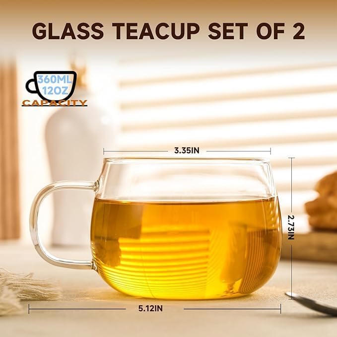 Glass Tea Cups Set of 2, 360ml | Clear Borosilicate Glass Teacups with Handle for Tea Lovers | Dishwasher & Microwave Safe Large Coffee Mugs for Espresso, Cappuccino, Latte & Juice - Image 3