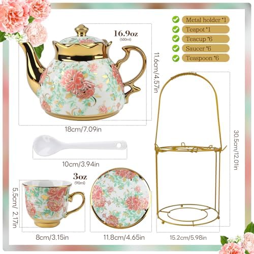 20Pcs Porcelain Tea Set for Adults, European Ceramic Tea Set Flower Ceramic Tea Cups (3oz), Teapot (15oz), & Saucers with Metal Holder for Women Tea Party - Image 2