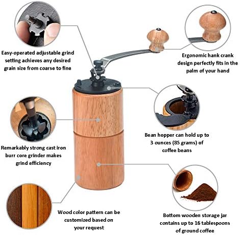 Manual Coffee Bean Grinder Wooden Mill with Cast Iron Burr, Large Capacity Hand Crank, Portable Travel Camping Adjustable (Brown) - Image 7