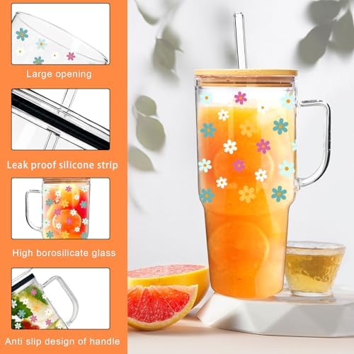 40oz Cute Glass Tumbler with Lids and Straws Flower Water Bottle - Image 6