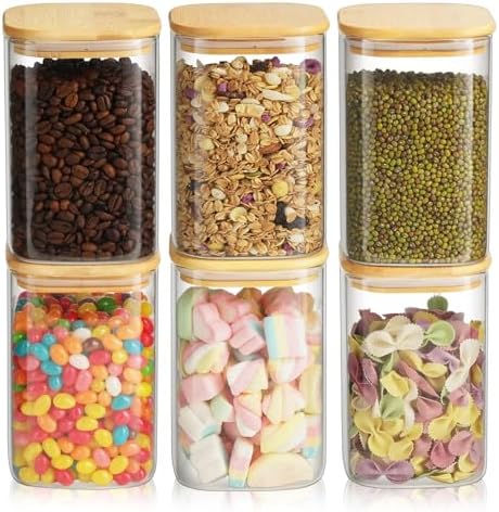 6 Pack Glass Pantry Storage Jars - 37oz Airtight Food Storage Containers Set with Bamboo Lid Labels, Square Kitchen Pantry Canister Organizers for Cookies Candy Coffee Bean Sugar Tea Spice Cereal by GURUDAR