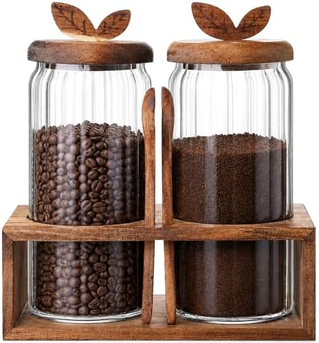 Airtight Coffee Sugar Canister Set, 2 × 34 floz Acacia Coffee Grounds Container with Wooden Lid & Spoon & Base, Espresso Bean Storage, Food Storage Jar for Tea, Sugar by Unknown