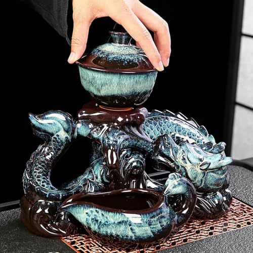 Chinese Gongfu Tea Set - Ceramic Teapot with Infuser, 8 Cups, Semi Automatic Dragon Design for Loose Leaf Tea - Image 2