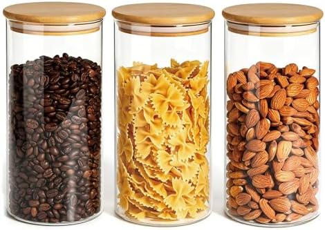 3 Pack 1200 ML / 40 FL Oz Glass Storage Container with Wood Lid, Stackable Clear Decorative Organizer Bottle Canister Pantry Jar with Air Tight Wooden Lid for Food, Coffee, Candy, Sugar, Salt, Tea by MOLFUJ