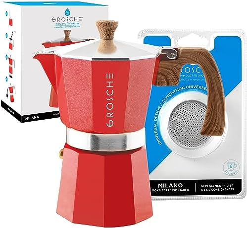 GROSCHE Milano Stovetop Espresso Maker Moka pot 6 espresso Cup - 9.3 oz, Red and 3 Replacement Seals Gaskets Bundle Stove top coffee maker Moka Italian espresso coffee maker and replacement gaskets by GROSCHE