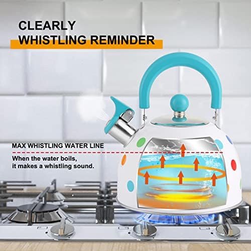 SHANGZHER Cute Polka Dots Tea Kettles Stovetop Stainless Steel Whistling Kettle Tea Pots for Stove Top 2.6 Quart / 2.5 Liter Blue - Image 6