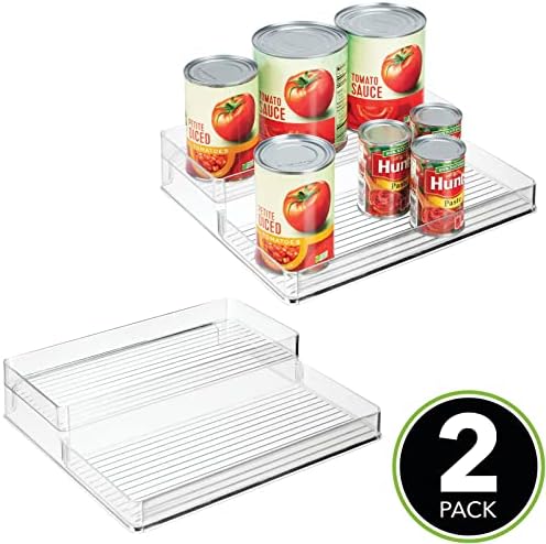 mDesign Plastic Kitchen Food Storage Organizer Shelves, Spice Rack Holder for Cabinet, Cupboard, Countertop, Pantry - Holds Jars, Baking Supplies, Canned Food - 2 Levels - 2 Pack - Clear - Image 2