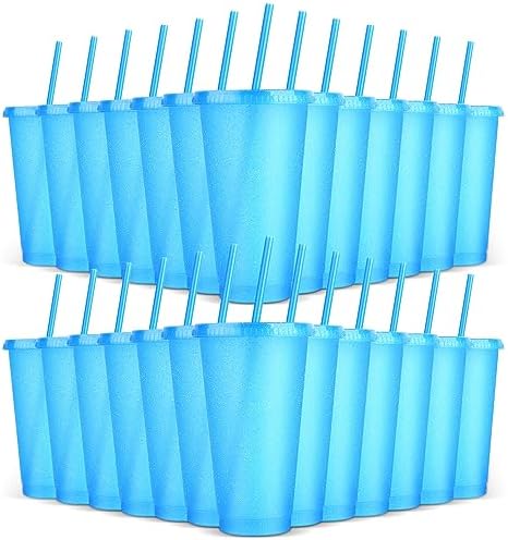 24 Pack Plastic Tumblers with Lids and Straws, Reusable Colorful Cups for Parties, Birthdays, Iced Coffee, Travel, Cold Drink Bulk Tumblers (24 oz, Blue) by LEIFEOSH