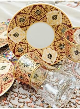 Porcelain Tea Set for 6 Persons with Burgundy Hebeli Design, Glass Cups, 6-Piece Set for refined Tea Parties, Dishwasher Safe for Easy Cleaning, Premium Turkish Craftsmanship - Burgundy Hebeli by Unknown