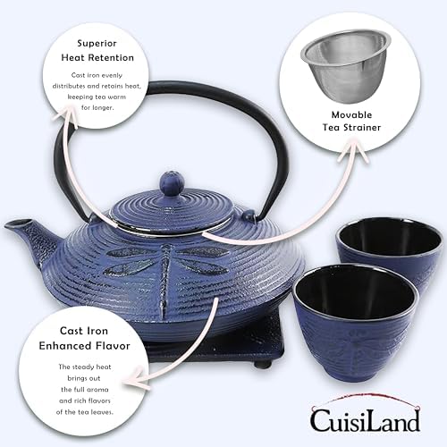 Cuisiland 27oz Cast Iron Teapot Set, Japanese Tetsubin Teapot with Enamel Coated Interior, Dragonfly Design, Excellent Heat Retention, Includes Infuser, Trivet & 2 Tea Cups (Blue) - Image 5