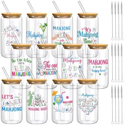Teenyyou 12 Set of Mahjong Glass Cup with Bamboo Lid and Glass Straw 16oz Mahjong Glasses Jar Summer Drinking Cups Beer Iced Coffee Cup Tumbler Mugs for Women Men Birthday Party or Game Night Gifts by Teenyyou