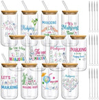 Teenyyou 12 Set of Mahjong Glass Cup with Bamboo Lid and Glass Straw 16oz Mahjong Glasses Jar Summer Drinking Cups Beer Iced Coffee Cup Tumbler Mugs for Women Men Birthday Party or Game Night Gifts by Teenyyou