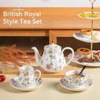 Porcelain Tea Sets British Royal Series, 8 OZ Cups& Saucer Service for 6, with Teapot Sugar Bowl Cream Pitcher Teaspoons and tea strainer for Tea/Coffee with 3 Tier Ceramic Cake Stand - Image 3