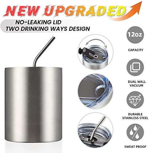 MEWAY 12 oz Lowball, Tumbler Stainless Steel Double Wall Vacuum Insulated Mug with Straw and Lid, Cleaning Brush ，Durable Powder Coated Insulated Coffee Cup for Cold & Hot Drinks (Silver,4 pack) - Image 4