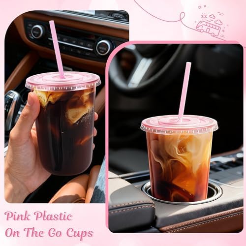 tchrules 100 Set 16oz Pink Plastic Disposable Cups with Lids and Straws - Image 6