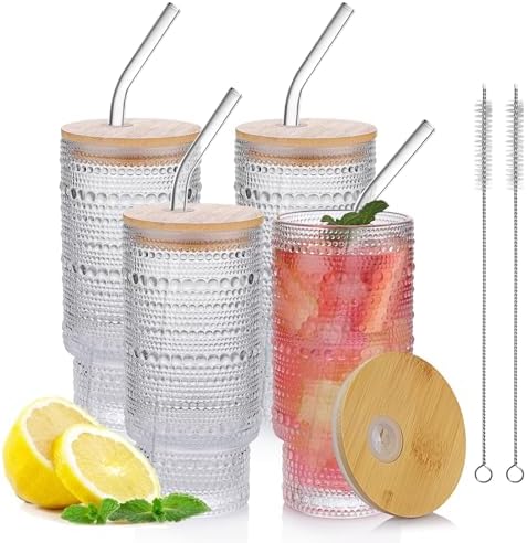 16oz Glass Cups with Lids and Straws, 4 Pack Vintage Drinking Glasses Tumblers Polka Dot Iced Coffee Cups for Kitchen, Home, Office, Gifts by Salpae