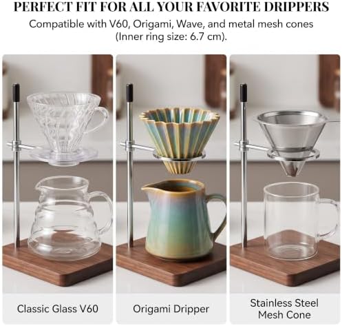 Pour Over Coffee Maker Stand with Solid Cherry Base, Stainless Steel Adjustable Dripper Holder, Wooden Brewing Station, Cone Brewer Rack, Barista Accessories & Kitchen Coffee Décor - Image 5