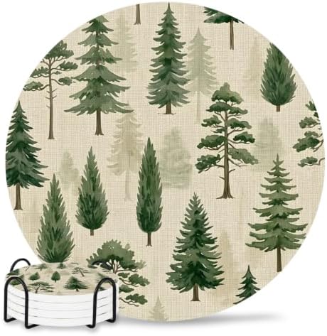 Green Christmas Tree Absorbent Ceramic Coasters Set of 4 with Holder, Xmas Pine Trees Natural Forest Rustic 4" Round Drink Coasters with Cork Base, Coffee Mugs Mats for Housewarming Gift/Bar/Party by Unknown