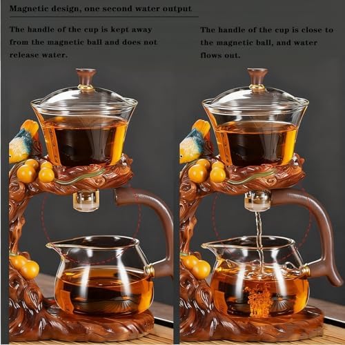 Lazy Kungfu Glass Tea Set Heat Resistant Semi Automatic Drip Rotating with Infuser Magnetic Teapot Set for Gongfu Tea Making Ideal (Gourd Bird) - Image 3