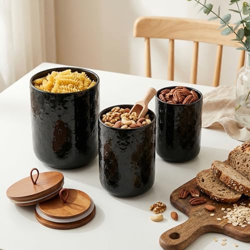 Ceramic Canisters Set, Black, Set of 3, Embossed Pattern - Image 2