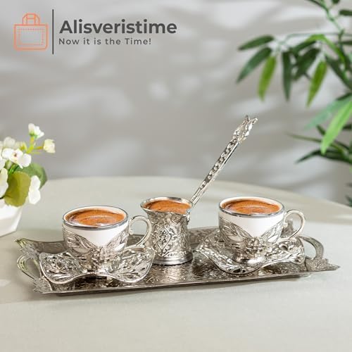 Alisveristime Busra Gold Rim Coffee Set with Coffee Pot, 2 Cups (Silver) - Image 2