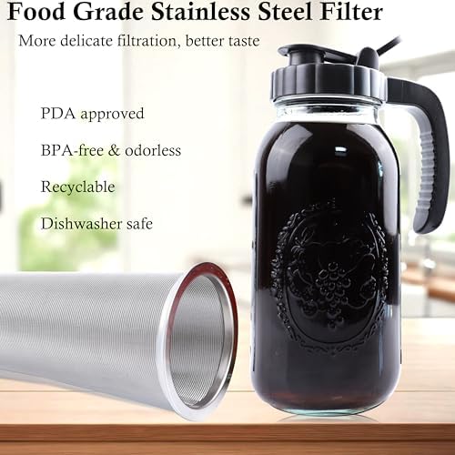 Cold Brew Coffee Maker Half Gallon 2 Set Glass Mason Jar Pitcher With Spout Lid Filter 2 Quart Wide Mouth Iced Tea Brewing Jug Heavy Duty Handle Airtight & Leak-Proof Pitcher For Fridge Sun Tea 64 OZ - Image 5