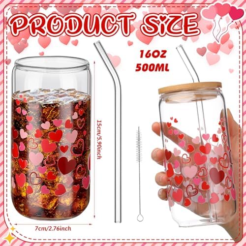 SiliFine 6 Pcs Valentine Heart Glass Cups, 16 oz with Lids and Straws - Image 3