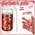 SiliFine 6 Pcs Valentine Heart Glass Cups, 16 oz with Lids and Straws - Image 3