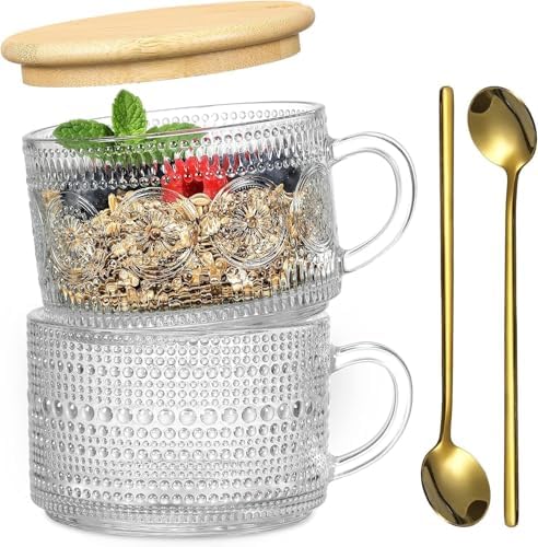 2 Pcs 420 ml Vintage Coffee Mugs, Overnight Oats Containers with Handle, Bamboo Lids and Spoons-Embossed Glass Cups Ideal for Cappuccino, Latte, Cereal, Yogurt, Hot or Cold Beverages by PrimeWorld