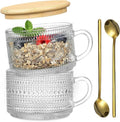 2 Pcs 420 ml Vintage Coffee Mugs, Overnight Oats Containers with Handle, Bamboo Lids and Spoons-Embossed Glass Cups Ideal for Cappuccino, Latte, Cereal, Yogurt, Hot or Cold Beverages by PrimeWorld