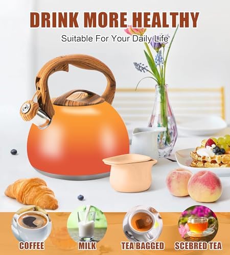 3.2Qt Stainless Steel Whistling Tea Kettle Stovetop, Orange - Image 5