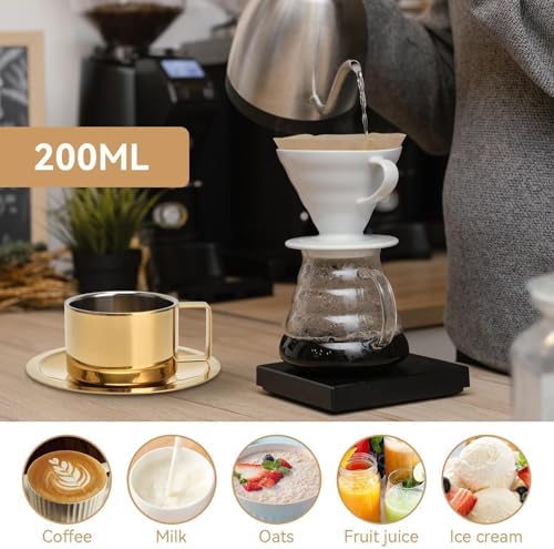 2Pcs Espresso Cups and Saucers Set, Coffee Cup and Saucer Set Gold Coffee Mug Stainless Steel Demitasse Cups Exquisite Luxury Small Coffee Containers for Latte Cappuccino Tea, 200ML - Image 3